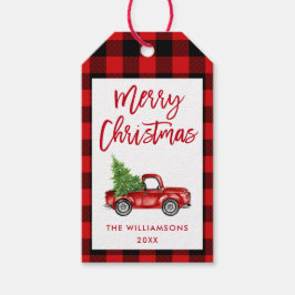 Rood Plaid Brush Script Christmas  Truck Cadeaulabel