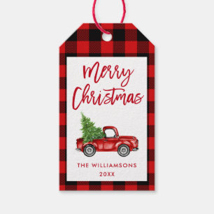 Rood Plaid Brush Script Christmas Truck Cadeaulabel