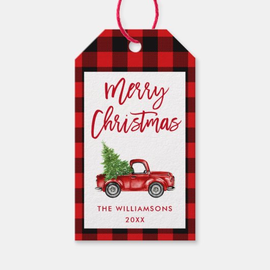 Rood Plaid Brush Script Christmas Truck Cadeaulabel (Voorkant)