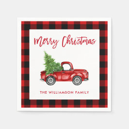 Rood Plaid Brush Script Christmas  Truck Servet