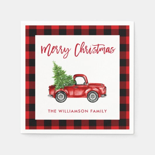 Rood Plaid Brush Script Christmas  Truck Servet (Voorkant)