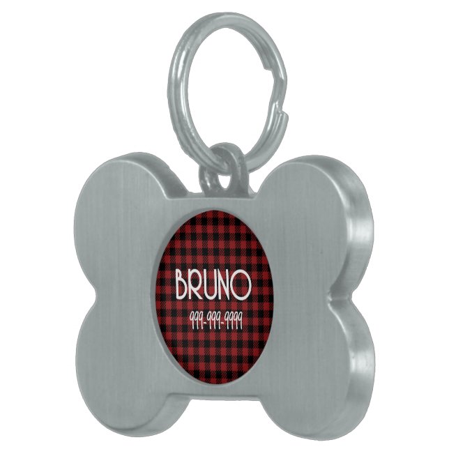 Rood Plaid Custom Dog ID Label Bord voor Kragen Huisdieren Naamplaatje (Voorkant Rechts)