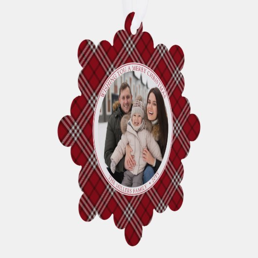 Rood Plaid Familie Foto Papier Ornament Kaart (Rechts)