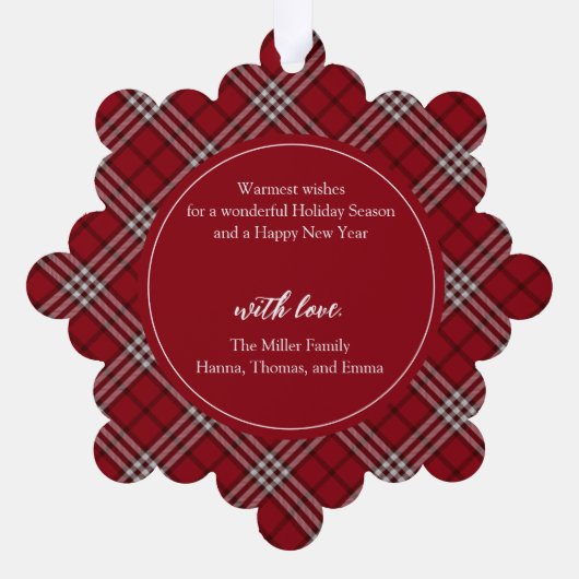 Rood Plaid Familie Foto Papier Ornament Kaart (Achterkant)