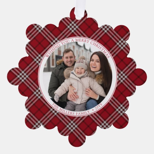Rood Plaid Familie Foto Papier Ornament Kaart (Voorkant)