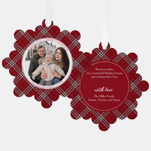 Rood Plaid Familie Foto Papier Ornament Kaart (Voorkant / Achterkant)