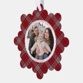 Rood Plaid Familie Foto Papier Ornament Kaart (Links)