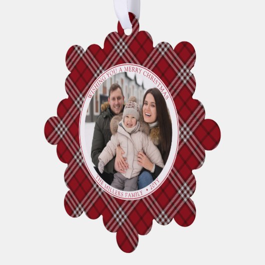 Rood Plaid Familie Foto Papier Ornament Kaart (Links)