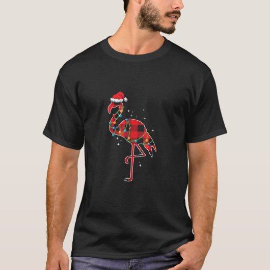 Rood Plaid Flamingo Kerstverlichting Grappig Santa T-shirt (Voorkant)