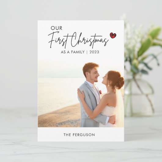 Rood Plaid Foto Kerstmis Script Bruiloft Dank u Feestdagenkaart (Staand voorkant)