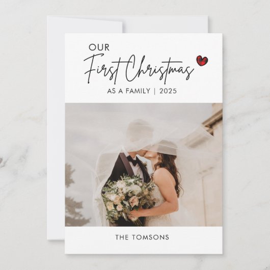 Rood Plaid Foto Kerstmis Script Bruiloft Dank u Feestdagenkaart (Voorkant)