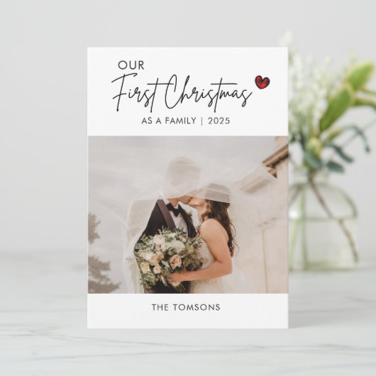 Rood Plaid Foto Kerstmis Script Bruiloft Dank u Feestdagenkaart (Staand voorkant)