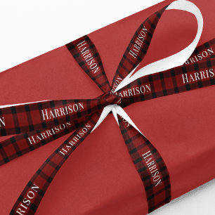 Rood Plaid Gepersonaliseerd Kerstcadeau Satijnen Lint