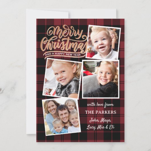 Rood Plaid Gouden Kerstmis Collage Kaart (Voorkant)