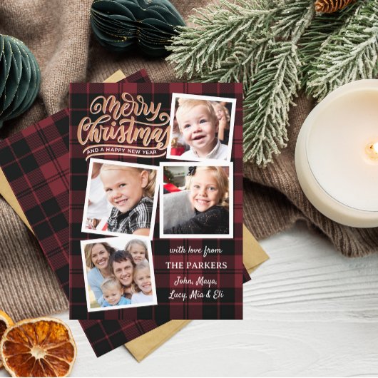 Rood Plaid Gouden Kerstmis Collage Kaart