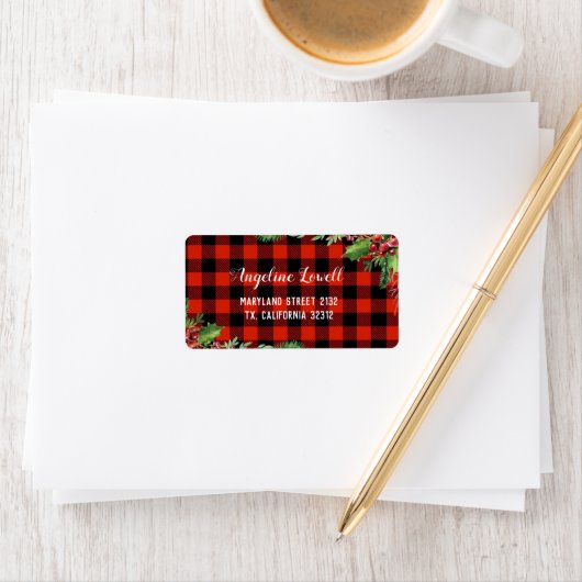 Rood Plaid Kerstmis Adreslabel Etiket (Insitu)