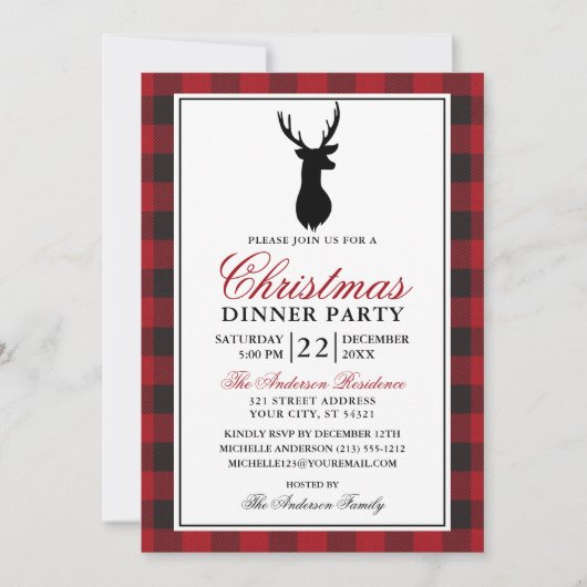 Rood Plaid Rustiek Kerstmis Diner Party Kaart (Voorkant)