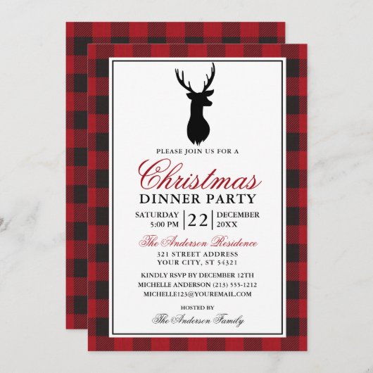 Rood Plaid Rustiek Kerstmis Diner Party Kaart (Voorkant / Achterkant)