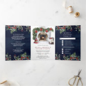 Rood-Poinsettia Fireplace kerstmarineverbinding Drieluik Uitnodiging (Binnen)