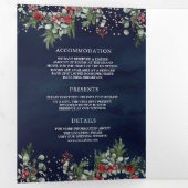 Rood-Poinsettia Fireplace kerstmarineverbinding Drieluik Uitnodiging (Binnenzijde eerst)