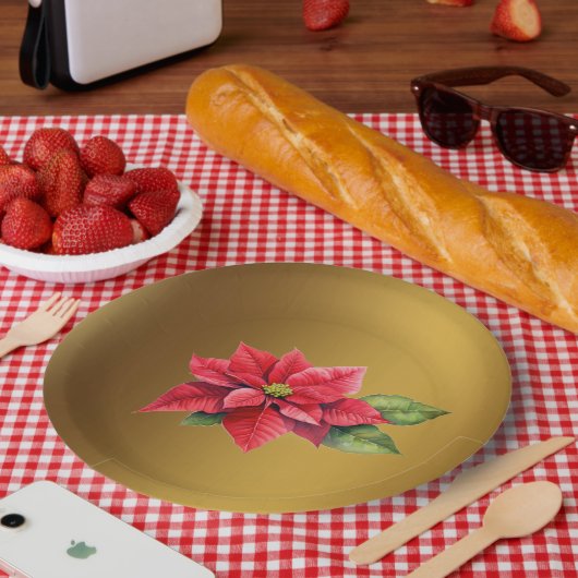Rood Poinsettia Geborsteld goud kleur Papieren Bordje (Picknick)