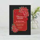 Rood Poinsettia Zwart Grens Kerstdiner Kaart (Staand voorkant)