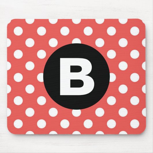 Rood Polka Dot Patroon Zwart Monogram Muismat (Voorkant)