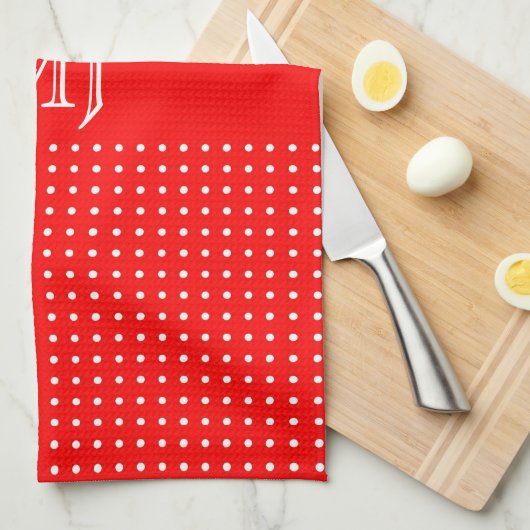 Rood polkadot patroon-monogram theedoek (Quarter Fold)