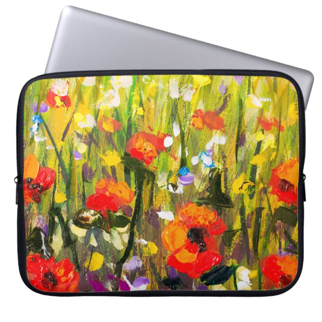 Rood Poppies veld Abstract schilderij Laptop Sleeve (Voorkant)
