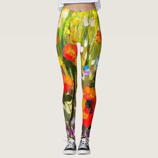 Rood Poppies veld Abstract schilderij Leggings (Voorkant)