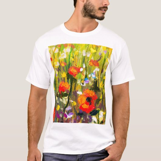 Rood Poppies veld Abstract schilderij T-shirt (Voorkant)