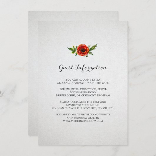Rood Poppy bruiloft invoegen Kaart (Voorkant / Achterkant)