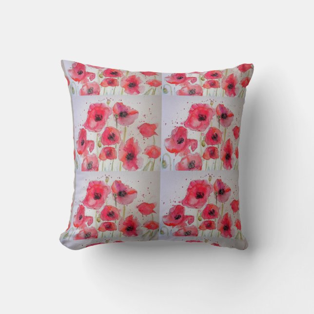 Rood Poppy Floral Poppies Waterverf Decor Kussen (Voorkant)