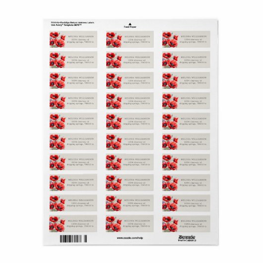 Rood Poppy Floral retour adres label (Full Sheet)