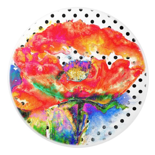 Rood Poppy floral waterverf polka dot accent Keramische Knop (Voorkant)