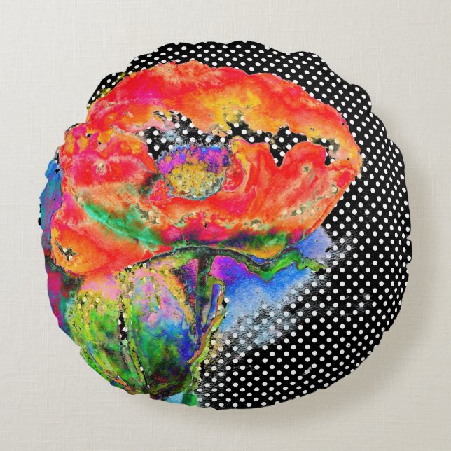 Rood Poppy floral waterverf polka dot accent Rond Kussen (Voorkant)