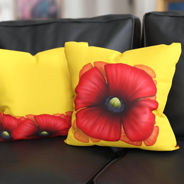 Rood Poppy Flower Sunshine geel Sierkussen (Pop a poppy pillow on your sofa! It's double sided so you get a different poppy design on other side)