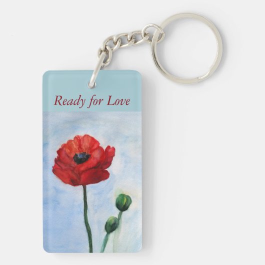 Rood Poppy Flower Waterverf Art Sleutelhanger (achterkant)