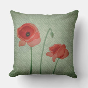 Rood Poppy Flowers Groen Filigraan Abstract Buitenkussen