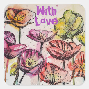 Rood Poppy waterverf Helder Roze Bloemen Vierkante Sticker