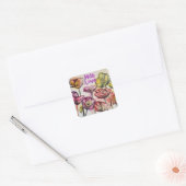 Rood Poppy waterverf Helder Roze Bloemen Vierkante Sticker (Envelop)