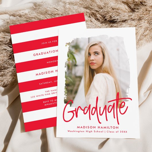 Rood | Preppy Script Foto Afstudeerfeest Kaart