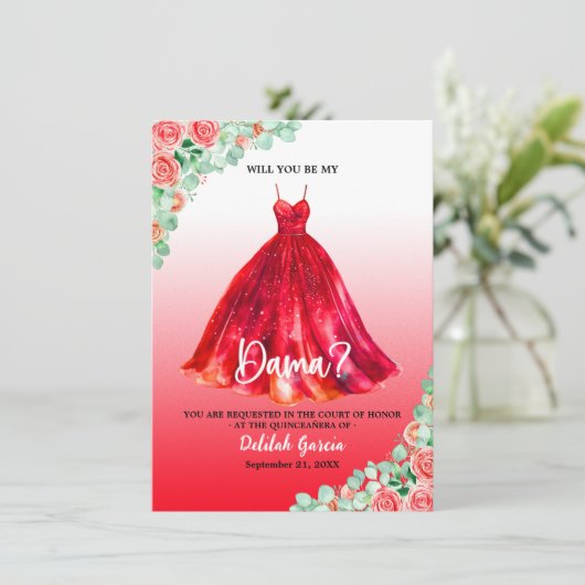  rood quinceañera dama voorstel kaart (Staand voorkant)