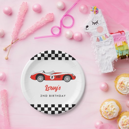 Rood  Race Car Boy 2e Verjaardagsfeestje Papieren Bordje (Feest)