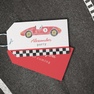 Rood  raceauto jarig cadeaulabel