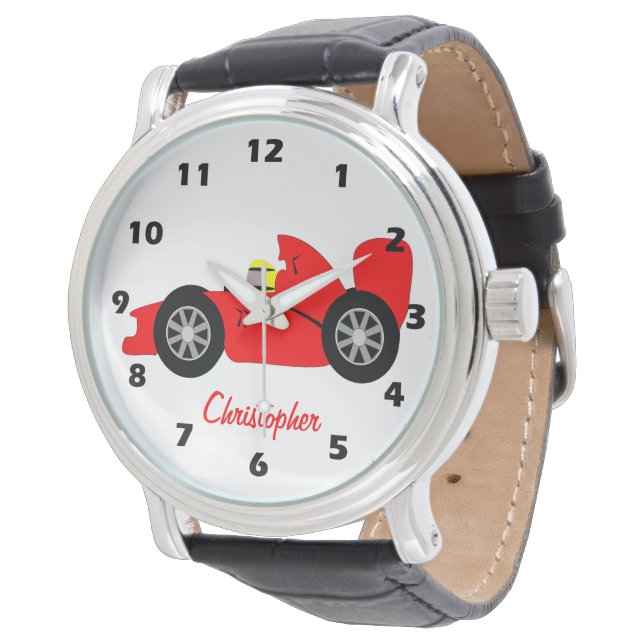 Rood raceautodesign gepersonaliseerd horloge (Gekanteld)