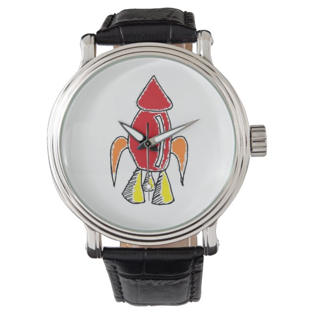 Rood Raketschip Ruimteschip Schattigee Cartoon Horloge (Voorkant)