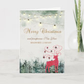 Rood rendier, bos, strijklichten vakantie feestdagen kaart (Voorkant)