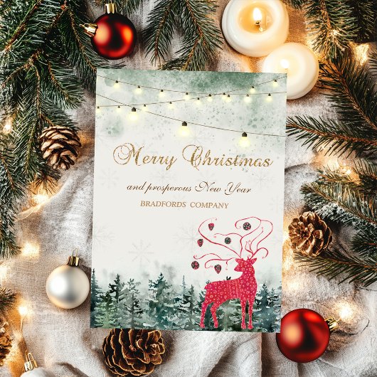 Rood rendier, bos, strijklichten vakantie feestdagen kaart