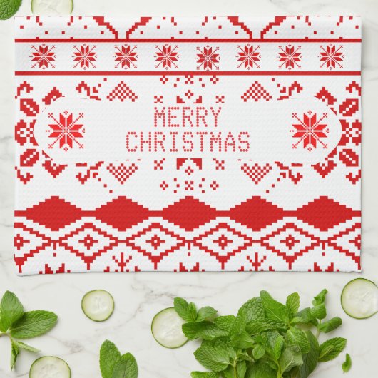 Rood rendier gebreid patroon witte achtergrond theedoek (Gevouwen)